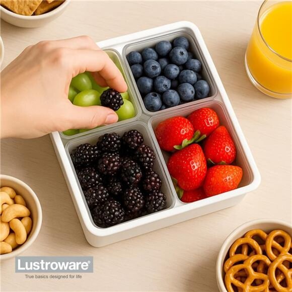 Snack Box 4 Compartment Airtight Serving Tray Portable Charcuterie Fruit Veggie - Picture 2 of 7